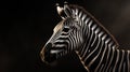 Close-up portrait of a zebra on a black background. Looks to the side. Generative AI