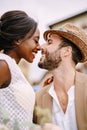 Interracial wedding couple. Wedding in Florence, Italy. A close-up of portraits of an African-American bride and