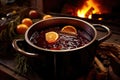 close up of a pot with simmering mulled wine