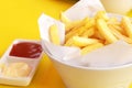 Close up of potato fry, french fries with ketchup and mayonnaise Royalty Free Stock Photo