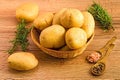 Close up of potatoes in a wicker basket with two spoons of spices and rosemary next to it Royalty Free Stock Photo