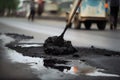 close-up of pothole being filled with asphalt mixture Royalty Free Stock Photo