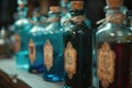 A close-up of a potion bottle with labels indicating magical ingredients Royalty Free Stock Photo