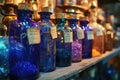 A close-up of a potion bottle with labels indicating magical ingredients Royalty Free Stock Photo
