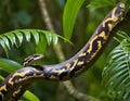 Close up Potrait of Dangerous Snake Wrapping Back on Branch in Wild Forest, Generative AI
