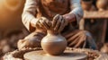 Close-up of a potter& x27;s hands making a ceramic vase on a potter& x27;s wheel. Pottery workshop with clay. Generative Royalty Free Stock Photo