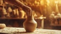 Close-up of a potter's hands making a ceramic vase on a potter's wheel. Pottery workshop with clay. Generative Royalty Free Stock Photo