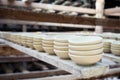 Close up pottery ceramic products dry on shelf Royalty Free Stock Photo