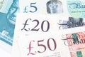 Close-up of 5, 20 and 50 pound sterling England currency banknotes, Brexit, UK United Kingdom economics, saving, financial or Royalty Free Stock Photo