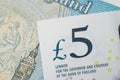 Close-up of 5 pound sterling England currency banknotes, Brexit, UK economics, saving, financial or investment with Royalty Free Stock Photo