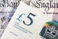 Close-up of 5 pound sterling England currency banknotes, Brexit, UK economics, saving, financial or investment with Europe, Royalty Free Stock Photo