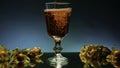 Close up of pouring fruit drink inside an empty glass. Stock clip. Bar counter decorated by small yellow berries on the Royalty Free Stock Photo