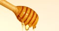 Close up pouring golden sweet honey dripping on a honey dipper vintage retro color background