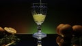 Close up of pouring orange soda into the glass. Stock clop. Soft drink with the taste of citrus and orange fruits on the Royalty Free Stock Photo