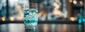 Close up the pouring purified fresh drink water from the bottle on table in living room