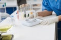 Close up of powder being weighted on electronic scales Royalty Free Stock Photo