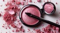 A close up of a powder blush and brush on top of crushed pink makeup, AI Royalty Free Stock Photo