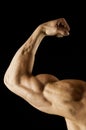 Close-up of a power fitness man`s hand. Muscular bodybuilder flexing and showing his biceps - external side - on black background