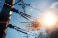 close-up of power line with broken wires and sparks flying