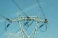 Close up on power line of high voltage electricity trellis with copy space for your text Royalty Free Stock Photo