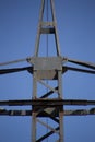 Close up of a power pole with blue sky