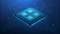 Close Up of a Powerful Computer Processor Chip with Glowing Blue Circuits microchip Royalty Free Stock Photo