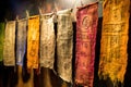 close-up of prayer flags with mantras inscribed