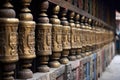 close-up of prayer wheels in a temple courtyard