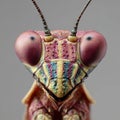 Close up of a praying mantis face showcasing its distinctive features and intricate design Royalty Free Stock Photo