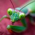 A close up of a praying mantisch on a red surface Royalty Free Stock Photo