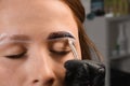 Close-up on precess of tinting of eyebrow hair woman, brow correction. Royalty Free Stock Photo