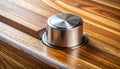Sleek Metal Control Knob on a Polished Wood Panel Royalty Free Stock Photo