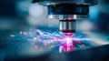 Close-up of a precision laser engraving a semiconductor surface with vibrant sparks and glowing reflections Royalty Free Stock Photo