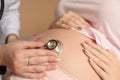 Close-up of pregnant belly check with stethoscope