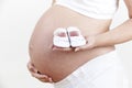 Close Up Of Pregnant Woman Holding Baby Shoes Royalty Free Stock Photo