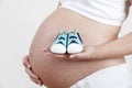 Close Up Of Pregnant Woman Holding Baby Shoes Royalty Free Stock Photo