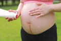 Close-up of pregnant woman mother belly, apply lotion prevent stretch marks over grass lawn meadow sunset outdoor nature summer