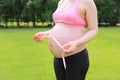 Close-up of pregnant woman mother belly, she is using a ruler to measure waistline keep healthy do exercise Royalty Free Stock Photo