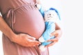 Close-up pregnant woman`s belly with teddy toy bear. Royalty Free Stock Photo