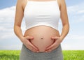 Close up of pregnant woman touching her bare tummy Royalty Free Stock Photo