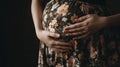 Close up of pregnant woman touching her belly. Lovely young woman expecting a baby. Pregnant woman hugging her tummy. Generative