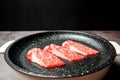 Close up premium rare slices sirloin Hakkaido Wagyu A5 beef with high-marbling texture grill on marble coated non-stick pan.