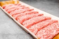 Close up premium rare slices sirloin Wagyu A5 beef with high-marbling texture on food tray served for Yakiniku, Sukiyaki and Shabu