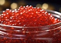 Close up premium red salmon caviar in glass bowl.Macro.Ai Generative