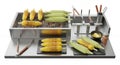 Grilled Corn on the Cob Preparation Station: Close-Up of BBQ Setup with Skewered and Uncooked Ears on Table Ready for Royalty Free Stock Photo