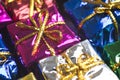 Close-up of present boxes with gifts. Celebration concept. Holidays background