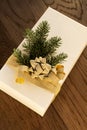 Close-up of present on a wooden vintage table. White gift box with golden bow and branch of Christmas tree. Royalty Free Stock Photo