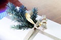 Close-up of present on a wooden vintage table. White gift box with golden bow and branch of Christmas tree. Royalty Free Stock Photo