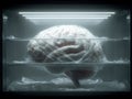 Close-up of a preserved human brain in formaldehyde, encased in a multi-compartment container and displayed on a store shelf Royalty Free Stock Photo