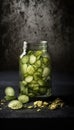 Close up preserved vegetables in jars on kitchen counter